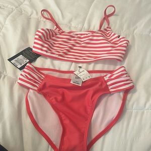 Pink and white striped, bathing suit kids large